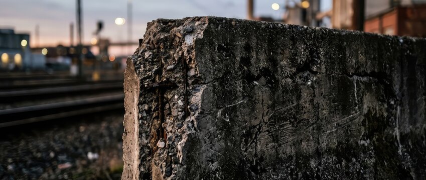 Grungy Concrete Barrier Beside Railway Tracks At Dusk