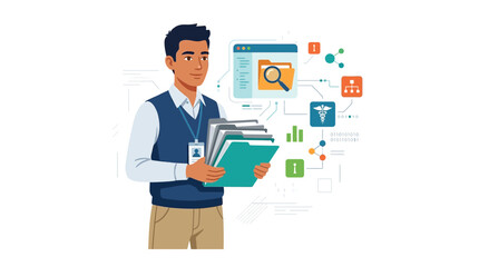 Fototapeta premium Man Analyzing Medical Data and Files with Digital Icons, Representing Healthcare Information Management and Research