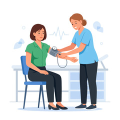 Obraz premium Nurse checking patient's blood pressure with a sphygmomanometer in a modern clinic.
