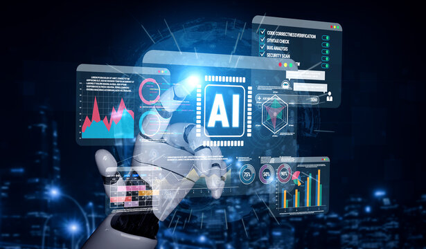 Futuristic Hand Interacting with AI Technology Interface Showing Data Analysis, Security Insights, and Digital Graphs in Modern City Background Quark.