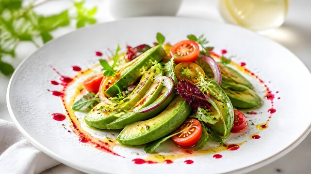 Healthy avocado salad, white plate, clean background.