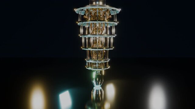 Forward dolly move toward suspended gold dilution refrigerator tower in void.