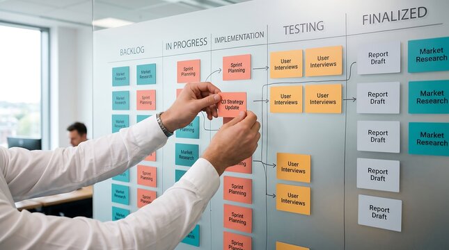 Professional project manager hands organizing strategy update sticky notes on glass kanban board in modern bright office during sprint planning meeting for team workflow and task management
