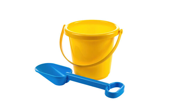 Yellow Plastic Toy Beach Bucket and Blue Shovel Isolated on White Background