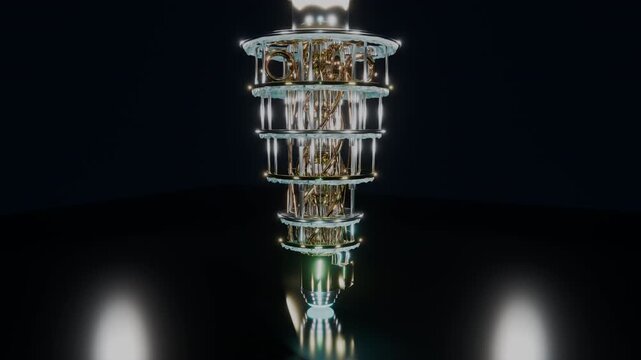Full 360 orbital camera journey circling hanging quantum supercomputer assembly.