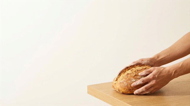 Baker hands holding fresh crusty sourdough bread loaf on wooden table. Artisan bakery concept.