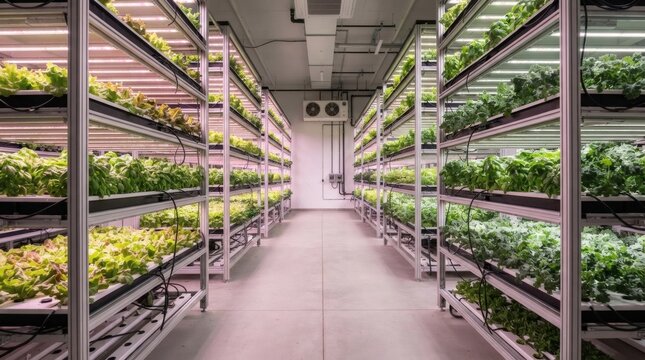 Indoor vertical farm with rows of leafy greens under grow lights