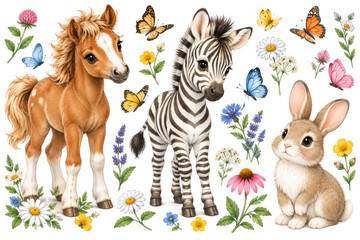Fototapeta premium Cute Baby Animals with Wildflowers and Butterflies Nursery Illustration Set
