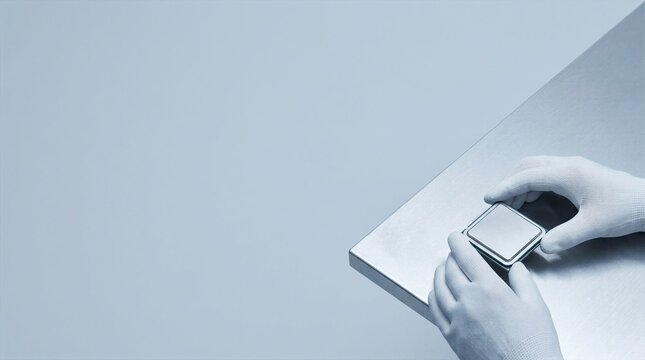Person in white gloves placing high tech computer chip on clean metal table. Electronics assembly.
