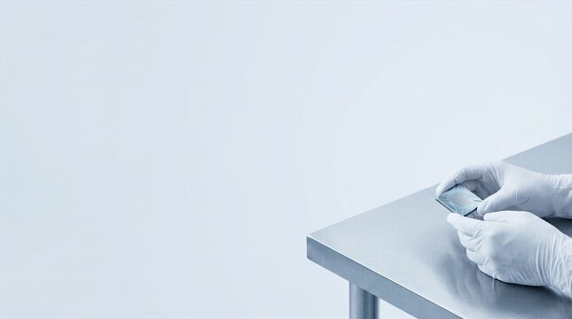 Person in white gloves examining advanced microchip on metal desk. High tech laboratory concept.