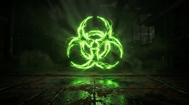 Glowing green biohazard symbol floating in dark industrial setting with smoke and rusted metal floor representing biological danger or toxic environment for science fiction or thriller concepts