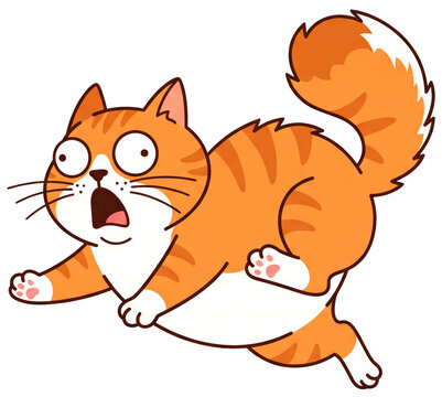Frightened ginger cat running away in panic with scared face and open mouth. Cute cartoon tabby cat character on transparent background.