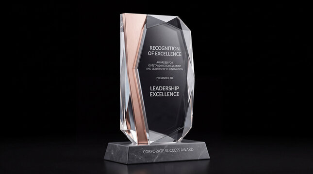 Modern corporate trophy award made of faceted crystal glass and brushed rose gold metal on a dark marble base, isolated against a black background, representing recognition of excellence, leadership a