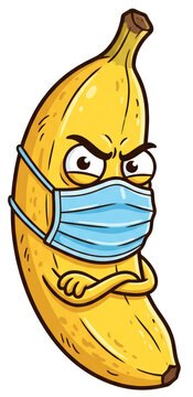 Angry cartoon banana wearing a blue medical mask with crossed arms. Funny fruit character with stern expression isolated on transparent background.