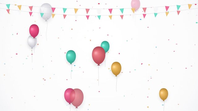 White Colorful Balloons Flying Confetti Bunting Flags Loop