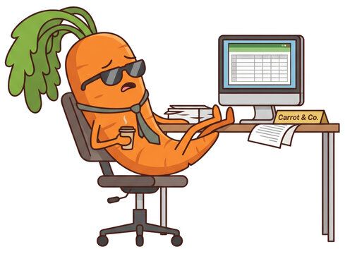 Tired cartoon carrot character relaxing at office desk with feet up. Cute vegetable mascot in tie and sunglasses holds coffee near computer on transparent background.