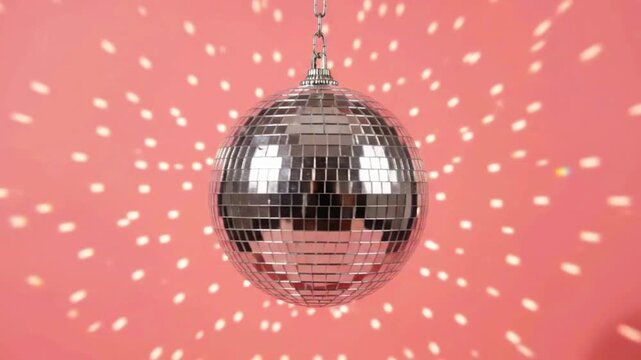 Sparkling silver disco ball reflecting bright light flares on a vibrant pink background for festive party celebration and dance floor vibes