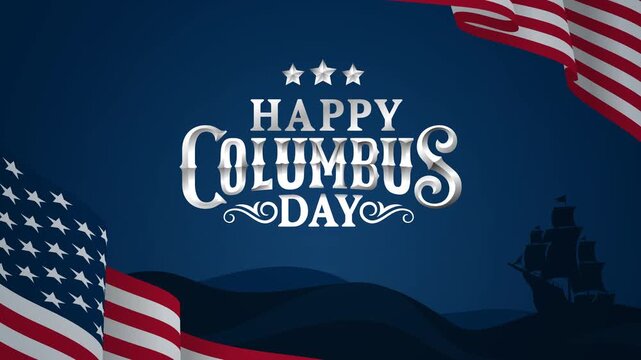 Happy Columbus Day text animation in a vintage style on American flag background.