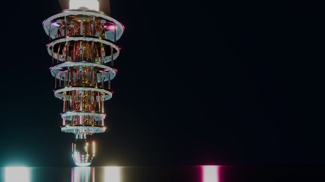 Static studio camera framing glowing ruby quantum processor with sweeping rim light.