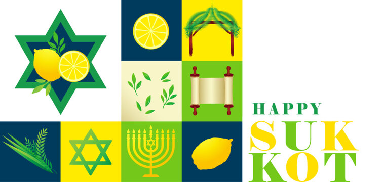 Happy Sukkot Jewish Holiday greeting card with lulav, etrog, myrtle and willow. Vector banner design with Sukkot holiday pattern