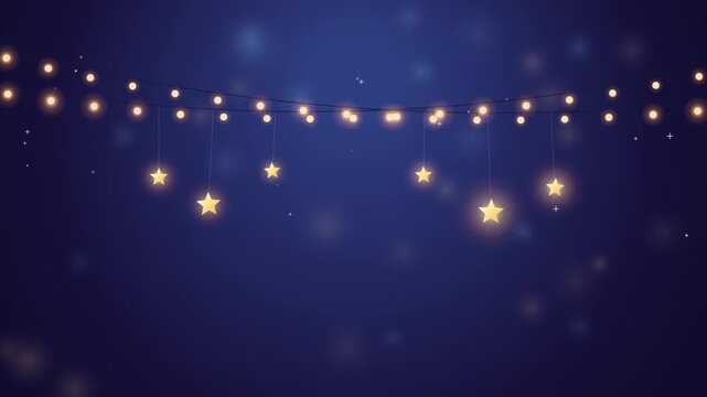 Blue Gold String Lights Glowing Star Festive Backdrop Loop