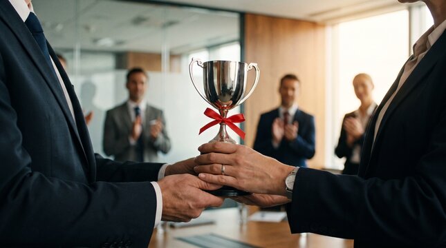 Business Professional Presenting Trophy for Outstanding Achievement