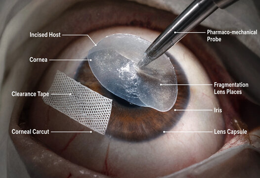 Closeup view of eye during phacoemulsification cataract surgery procedure