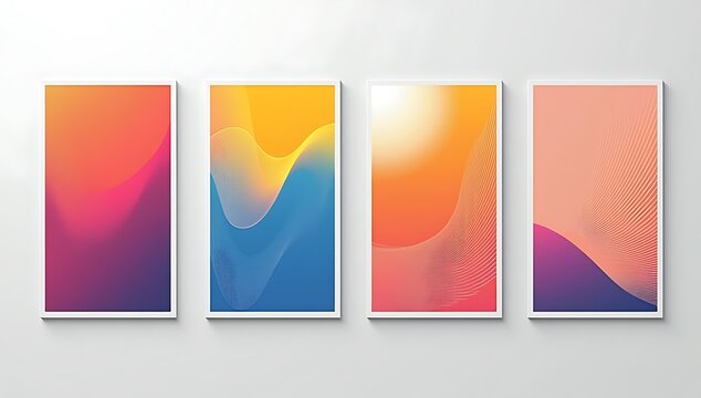 Four vertical frames with colorful abstract gradient art on a bright wall display