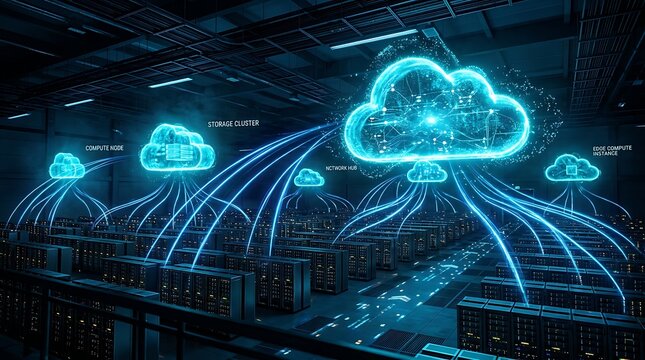 Abstract visualization of cloud computing infrastructure with interconnected glowing nodes and data streams linking server racks in a modern high security data center facility for enterprise storage