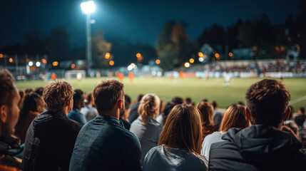 Fototapeta premium Crowd of spectators watching a night-time outdoor sports game under bright stadium lights with blurred players and audience in the background.