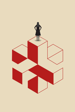 Business woman standing on the top. concept of illustration of business leadership and achievement