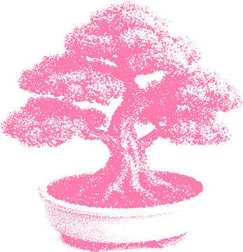 Halftone stipple bonsai tree in retro grunge style with dotted transparent background
