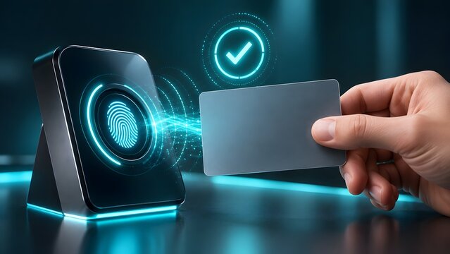Hand scanning blank smart card on biometric fingerprint reader with glowing approval checkmark representing secure access control