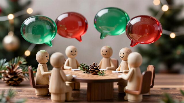 Wooden figures gather around a table with festive speech bubbles above their heads.