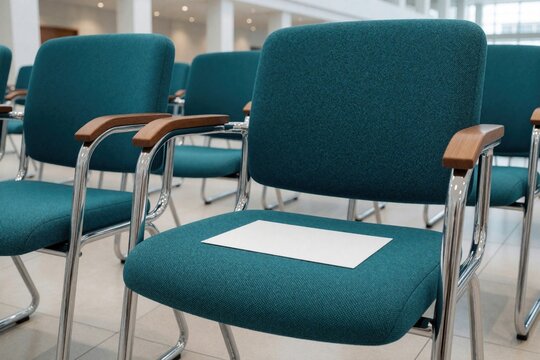 Empty teal office chairs with white name cards on seats. Rows of seating in conference room seminar hall. Blank place cards ready for business meeting guests, workshop participants students at