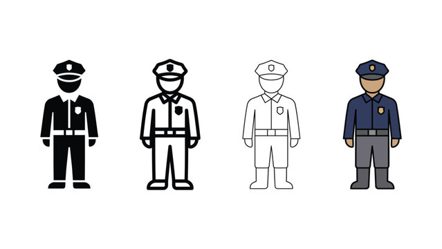 Police officer figures in uniform during a lineup with simple graphic outlines Isolated on white background