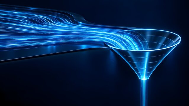 Glowing digital data streams flowing smoothly into metallic funnel representing network traffic aggregation and server load balancing