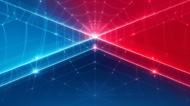 Geometric spider web on a split blue and red gradient background with diagonal light beams, modern abstract technology backdrop for banners and covers