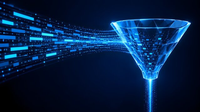 Glowing digital data blocks entering polygonal funnel representing big data analytics and information filtering process