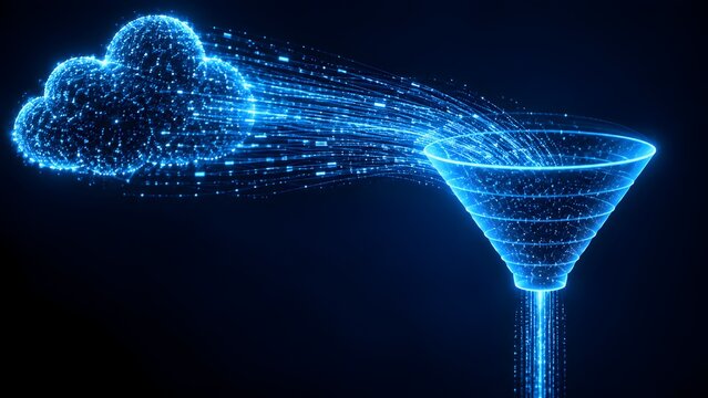 Cloud computing data stream flowing into transparent funnel representing digital information extraction and analytics