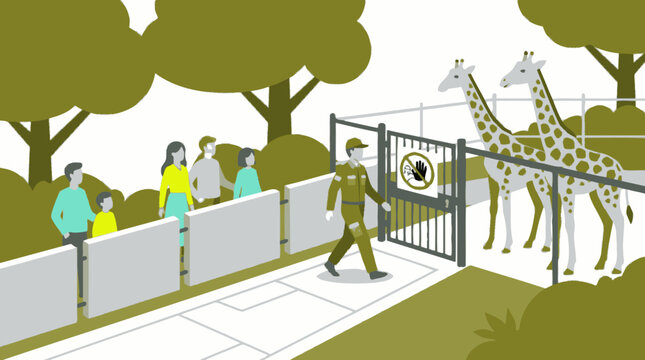 Cartoon zoo scene with giraffe and zookeeper feeding animals enclosure visitors. EPS Editable. Vector Illustrations.