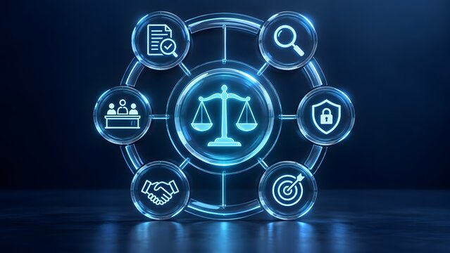 Glowing scale of justice hub connecting transparent business compliance and legal audit interface icons