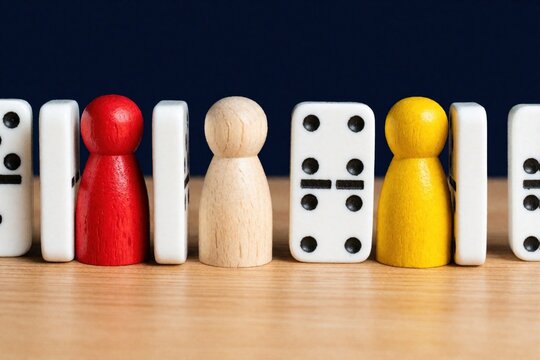 Colorful wood peg figures stand between white domino tiles on a table. Figures represent people divided by obstacles or choices. Game pieces create a sense of order and structure.