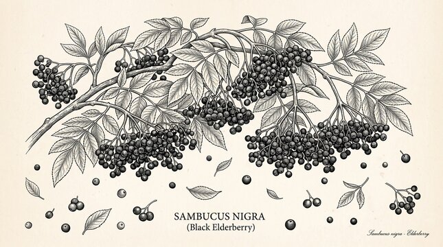 Vintage botanical illustration of Sambucus nigra black elderberry branches with berries and leaves