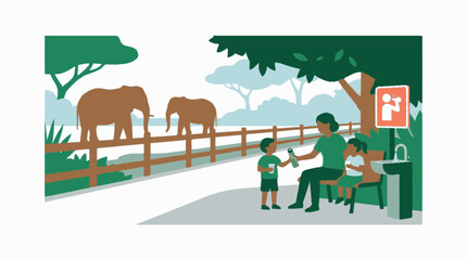 Fototapeta premium Family observing elephants at wildlife conservation reserve enjoying safari adventure outdoors. EPS Editable. Vector Illustrations.