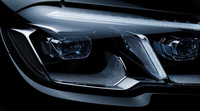 Close up of a luxury car headlight with led lights. Modern automotive design shows sophisticated style and elegant exterior. Detailed chrome accents and smooth dark surface.