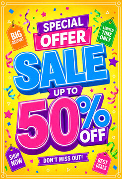Bright and colorful sale advertisement poster with up to fifty percent discount offers and tags