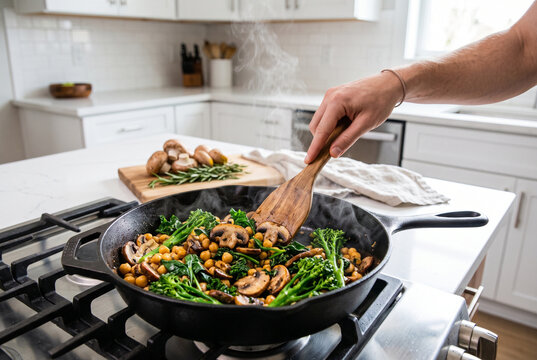 Hand stir-frying chickpeas mushrooms and broccolini in cast iron skillet in bright modern home kitchen