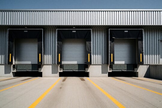 Loading dock bay doors on modern warehouse building. Industrial logistics area with concrete pavement and yellow guide lines. Shipping and receiving facility.