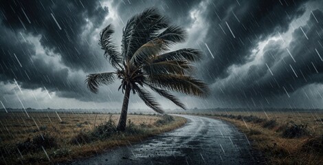 Obraz premium Single palm tree withstands heavy rain and wind on a wet, deserted road. Dark stormy clouds gather above the parched agricultural field, creating a dramatic, moody, and wild atmosphere.